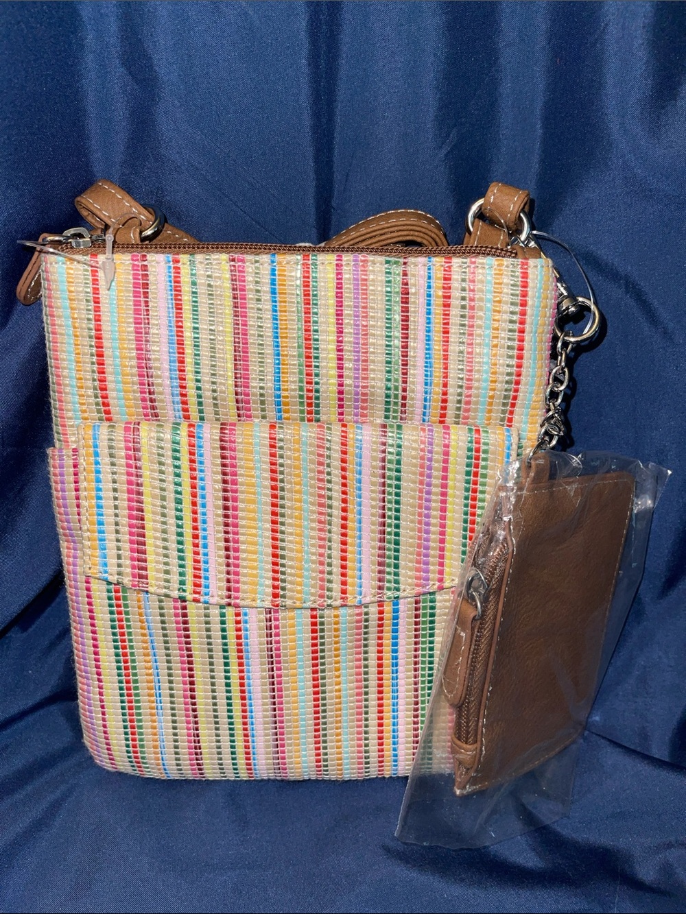 MultiSac Candy Straw Striped Woven Crossbody Bag with Brown Trim